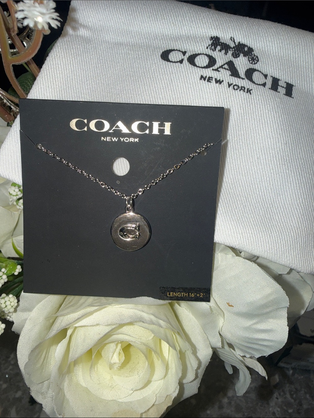 COACH Silver Round Signature 'C' Pendant Necklace